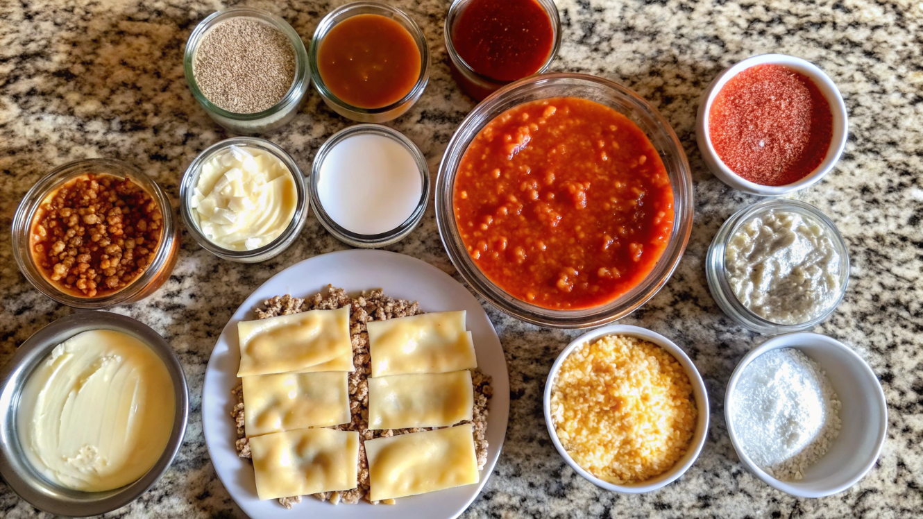 Ingredients for Crockpot Ravioli Lasagna, including frozen ravioli, marinara sauce, ground beef, mozzarella, Parmesan, and seasoning, arranged on a wooden countertop