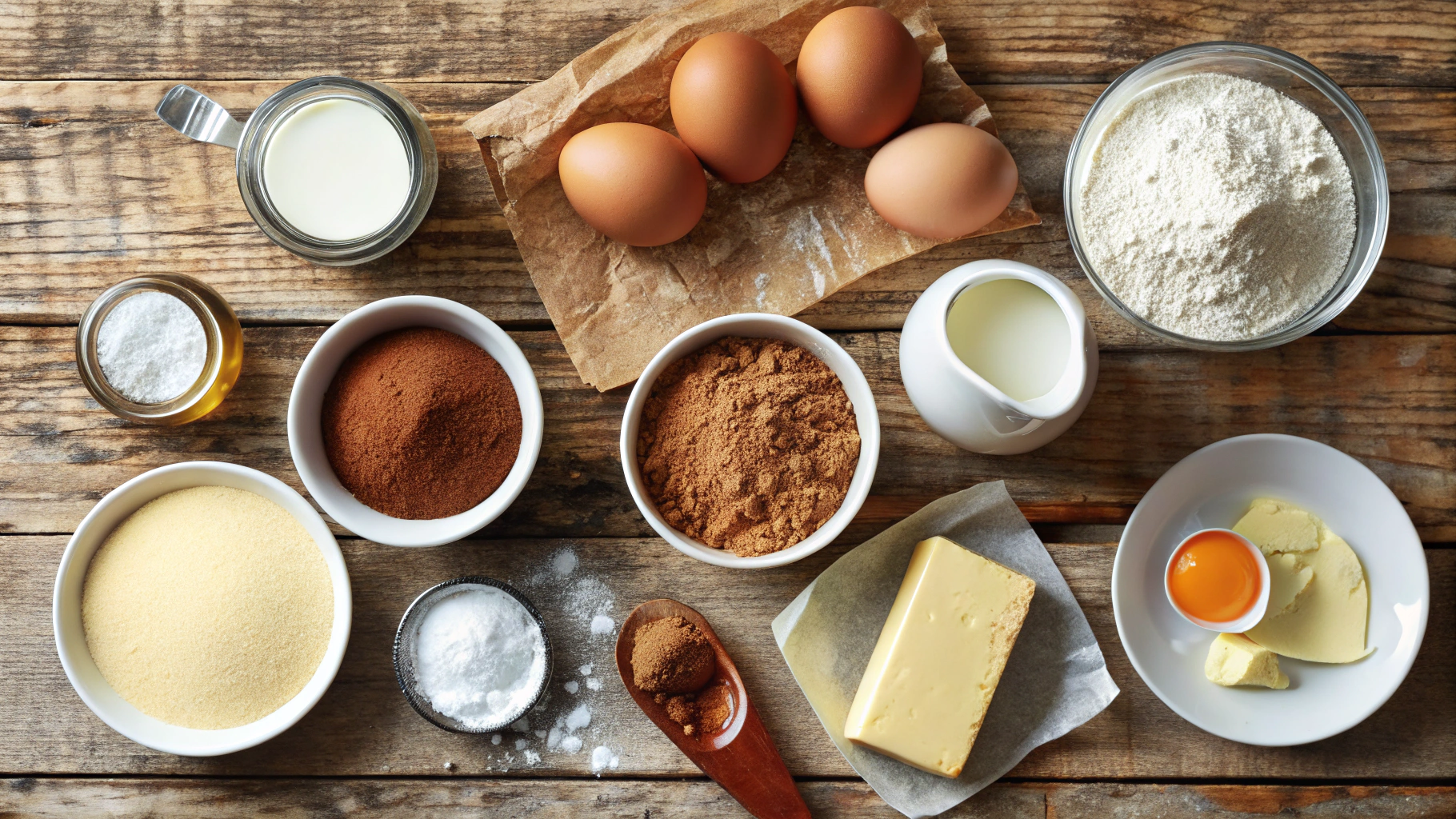 Baking ingredients for crumb cake muffins, including flour, eggs, butter, brown sugar, and cinnamon, arranged on a wooden surface.