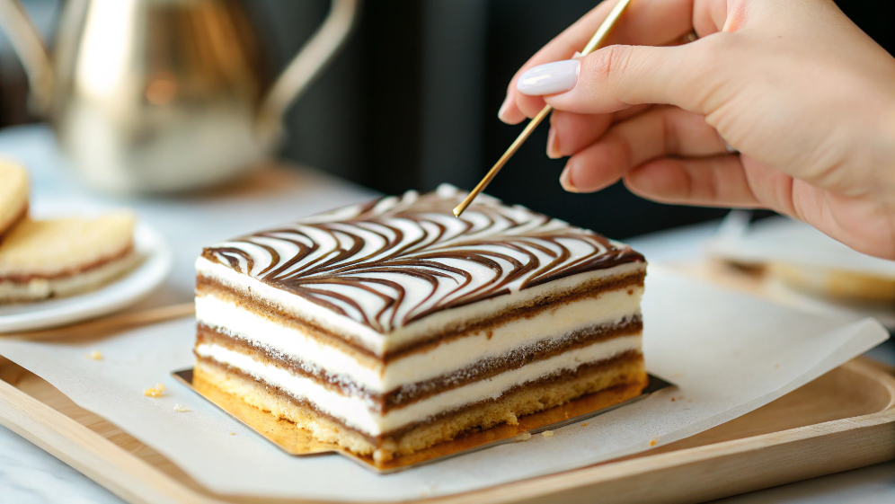 Close-up of Mille-Feuille being decorated with marbled icing, with chocolate lines and a toothpick creating a chevron pattern.