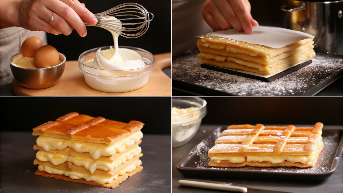 Step-by-step process of making Mille-Feuille, including whisking pastry cream, rolling puff pastry, baking golden sheets, and layering the dessert.