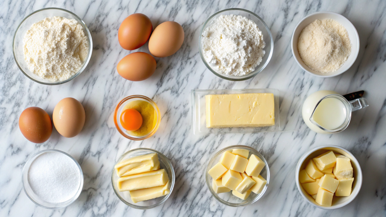 Flat-lay of ingredients for Mille-Feuille, including puff pastry sheets, eggs, milk, sugar, vanilla bean, heavy cream, powdered sugar, and chocolate.