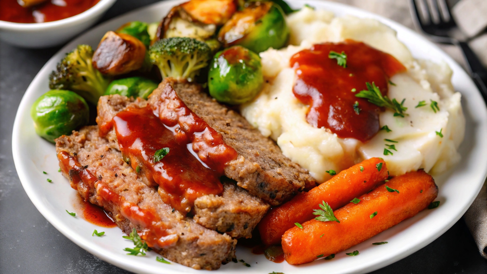A serving plate with juicy turkey meatloaf slices, creamy mashed potatoes, and roasted Brussels sprouts.