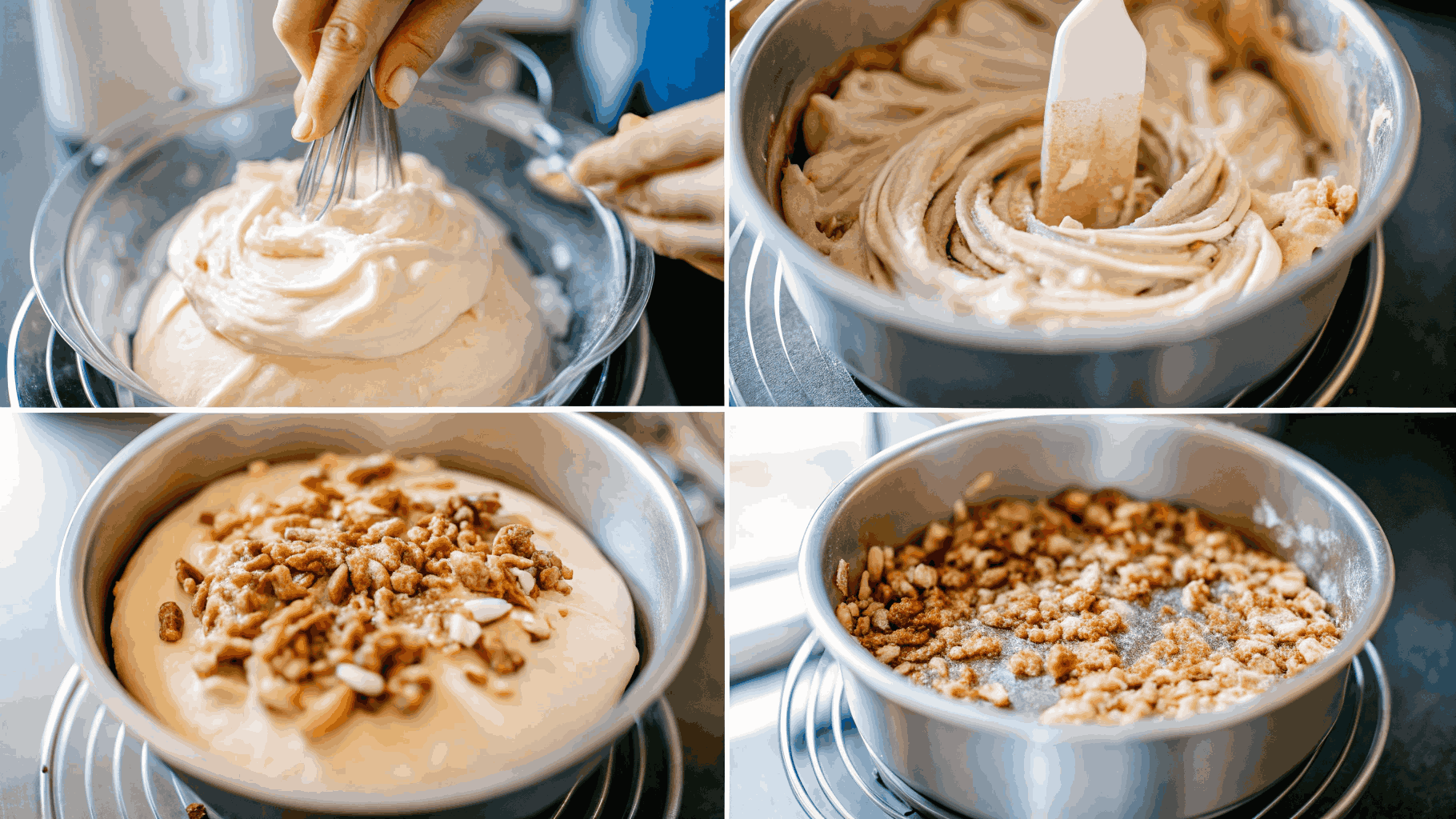 Step-by-step process of making Apple Dapple Cake: mixing batter, folding apples, pouring into a bundt pan, and baking to perfection.