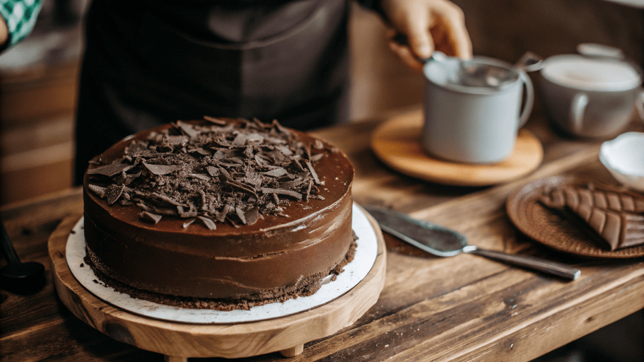 Step-by-step images of making Dark Chocolate Mousse Cake, from mixing batter to layering mousse and pouring ganache