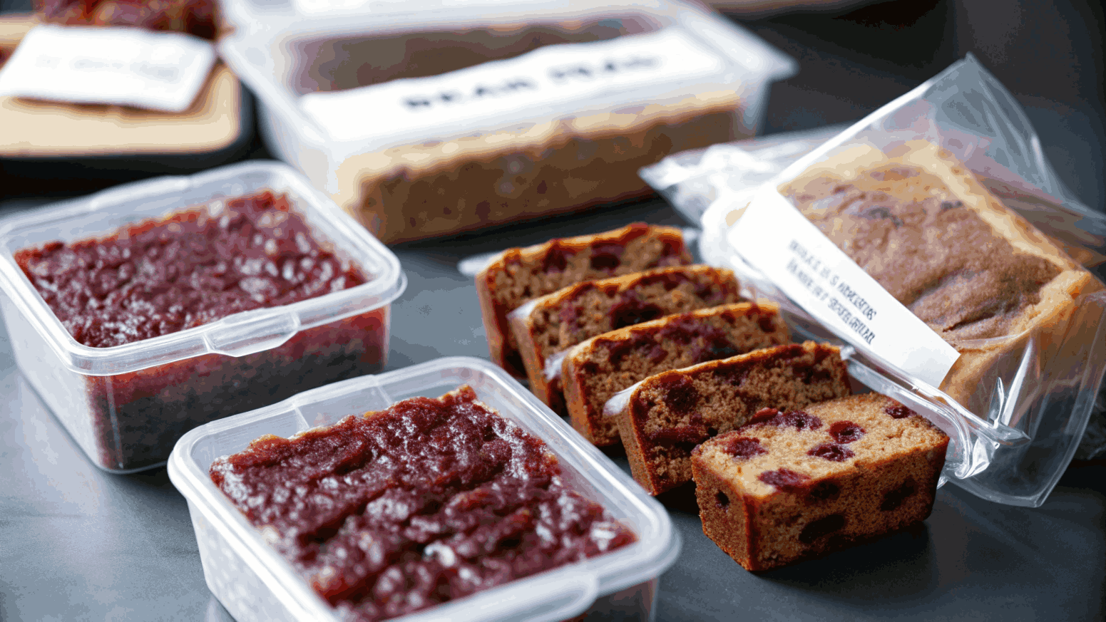Sliced Cranberry Christmas Cake stored in an airtight container with some slices individually wrapped for freezing, ensuring freshness.