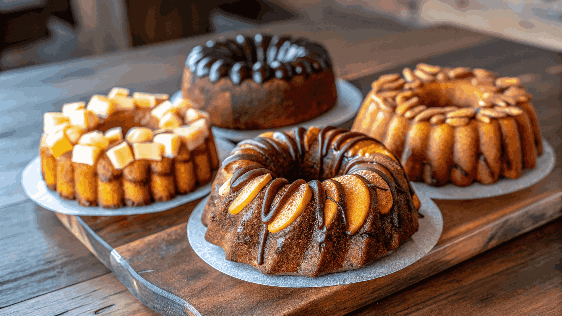 Three variations of spiced bundt cake: pumpkin spice, apple cinnamon, and chocolate swirl.