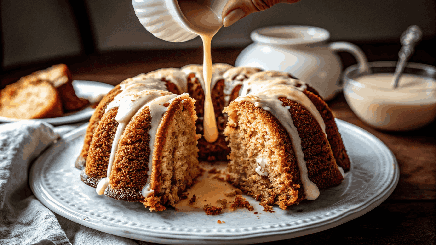 tep-by-step process of pouring spiced cake batter and cream cheese filling into a bundt pan.