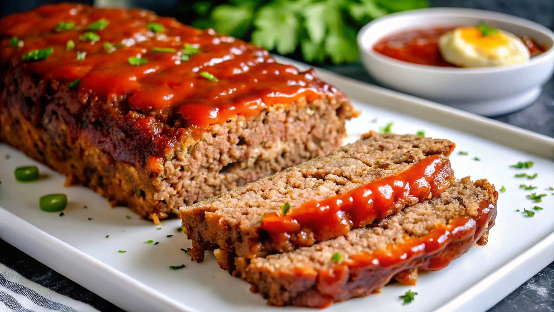 A serving plate with juicy turkey meatloaf slices, creamy mashed potatoes, and roasted Brussels sprouts