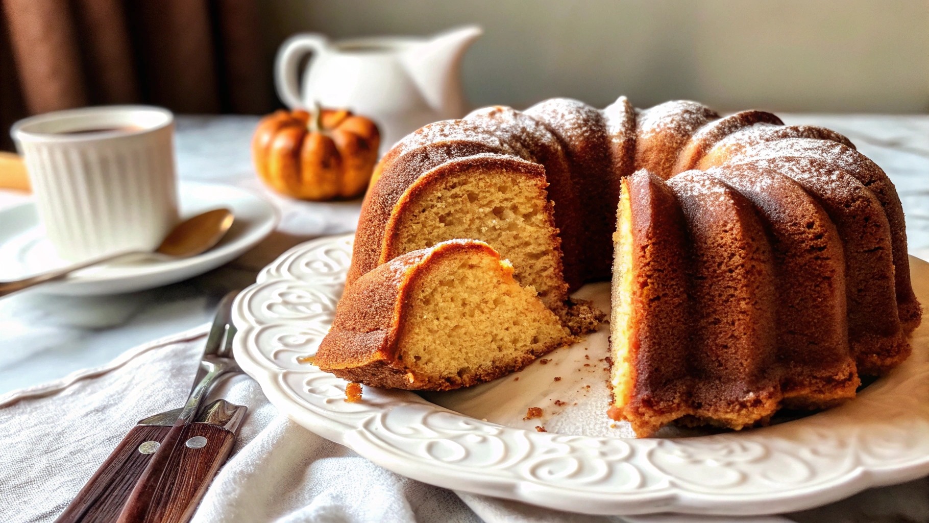 A moist and spiced cream cheese bundt cake sliced on a plate with cinnamon and nutmeg in the background.