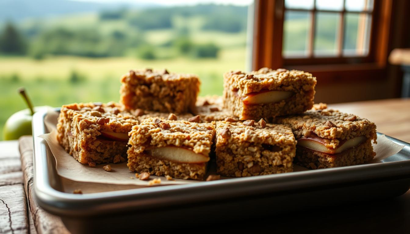 Freshly baked apple oatmeal bars with a crunchy oat topping and layers of sliced apples, served on a baking tray near a window overlooking a scenic countryside.