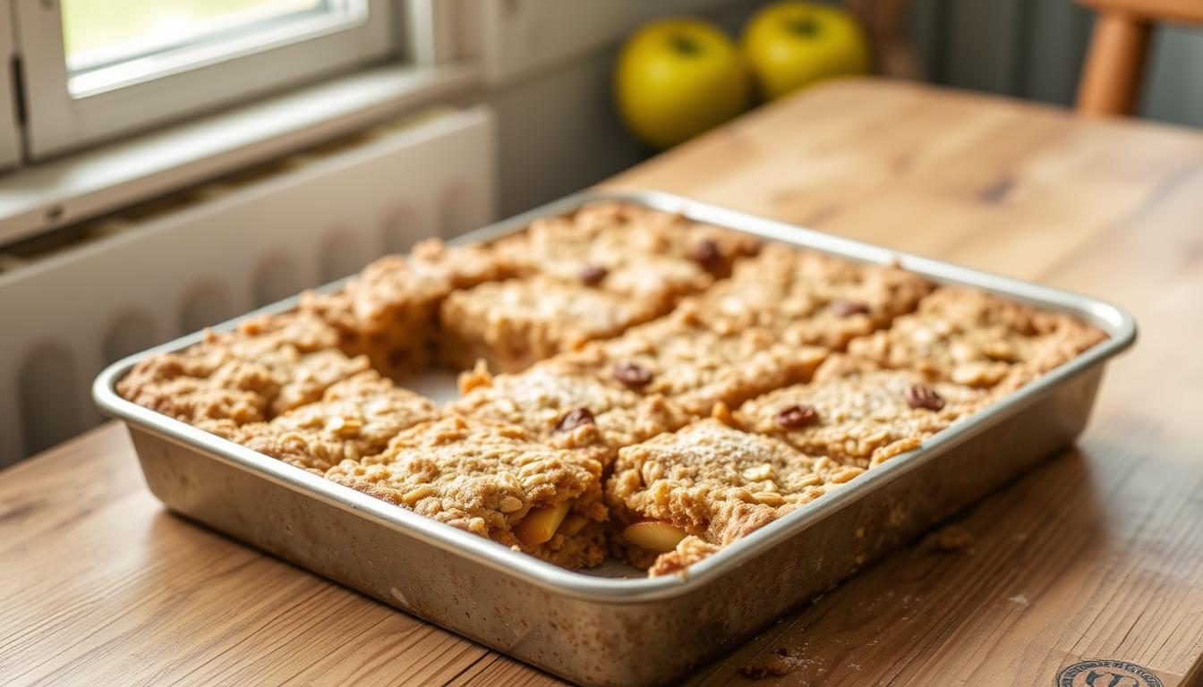 Freshly baked apple oatmeal bars in a metal baking pan, featuring a golden oat crumble topping with apple filling, placed on a wooden table near a window with fresh apples in the background.