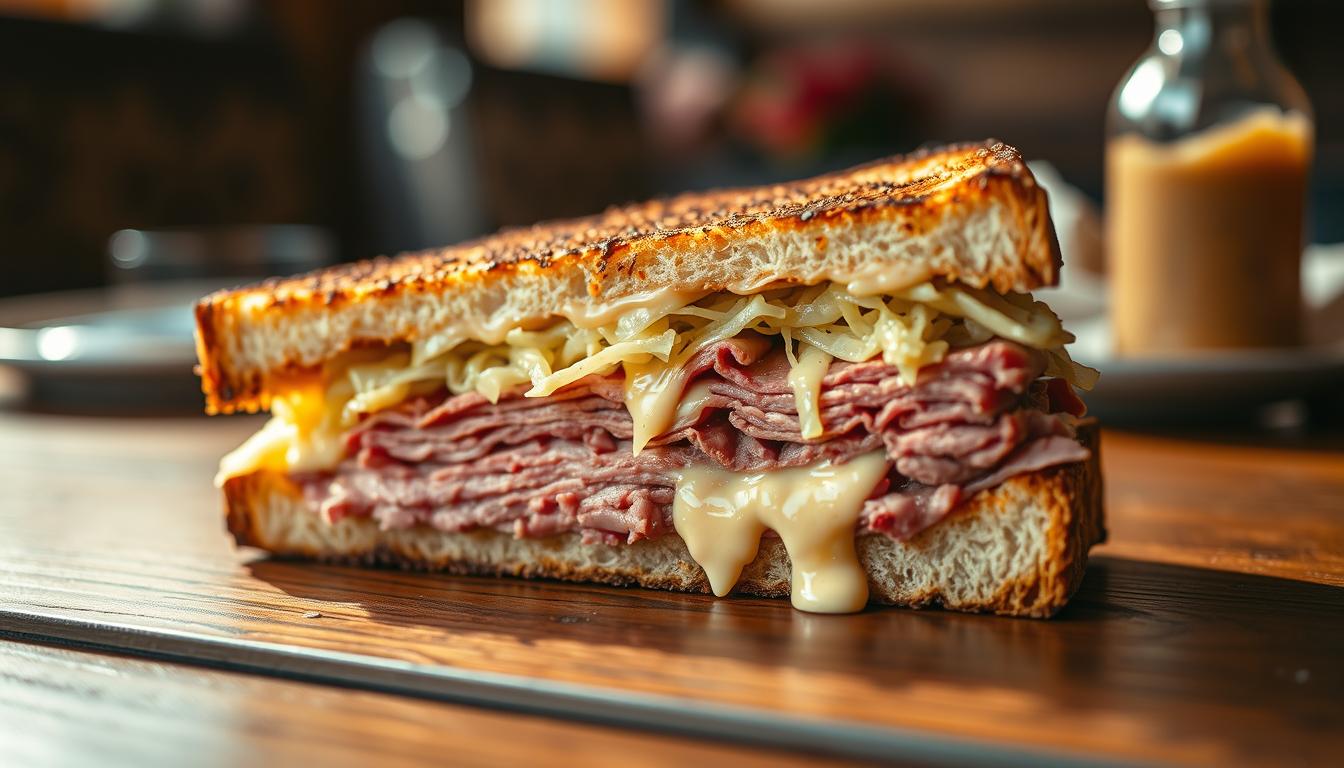 Reuben sandwich with layers of roast beef, melted cheese, and sauerkraut on toasted bread