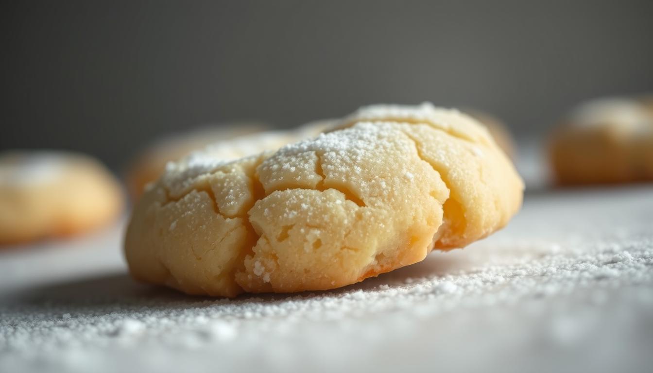 A soft and crumbly gluten-free sugar cookie with a delicate golden crust, lightly dusted with powdered sugar, resting on a white surface with a blurred background.