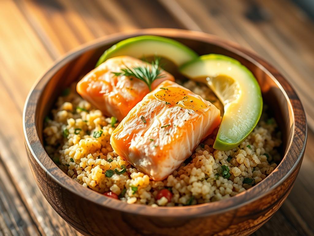 Salmon fillets served with quinoa and fresh vegetables in a wooden bowl.