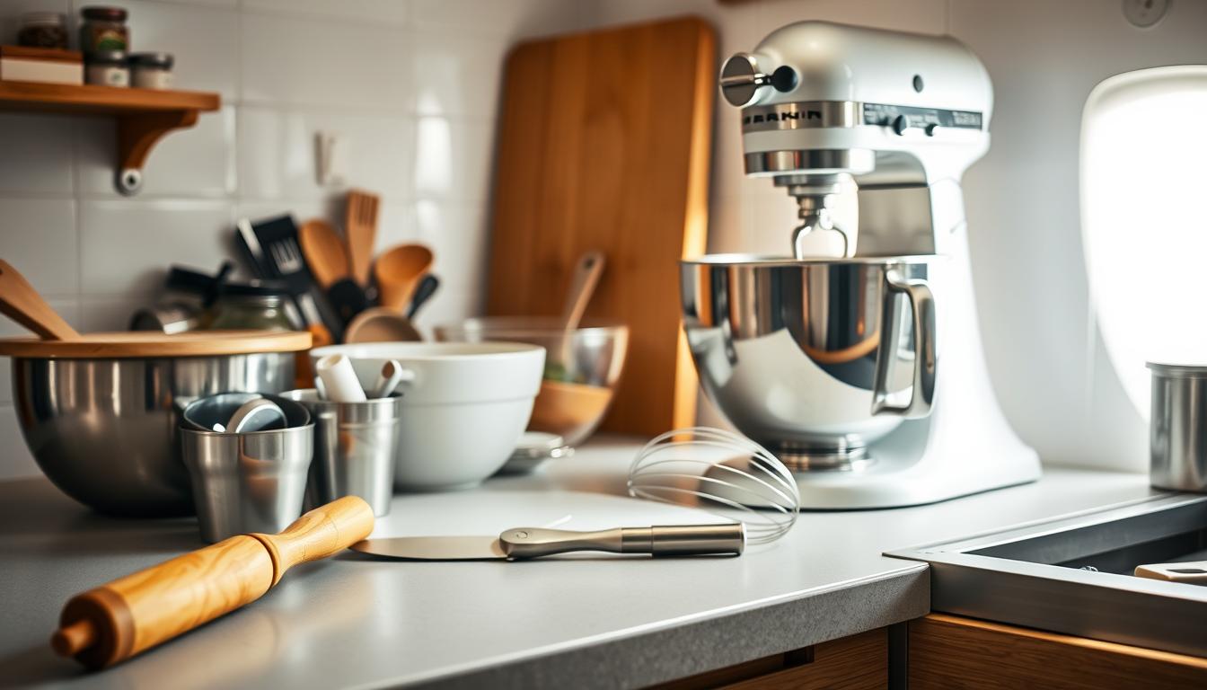 A modern kitchen countertop with a stand mixer, mixing bowls, a rolling pin, and baking utensils, ready for making apple oatmeal bars.