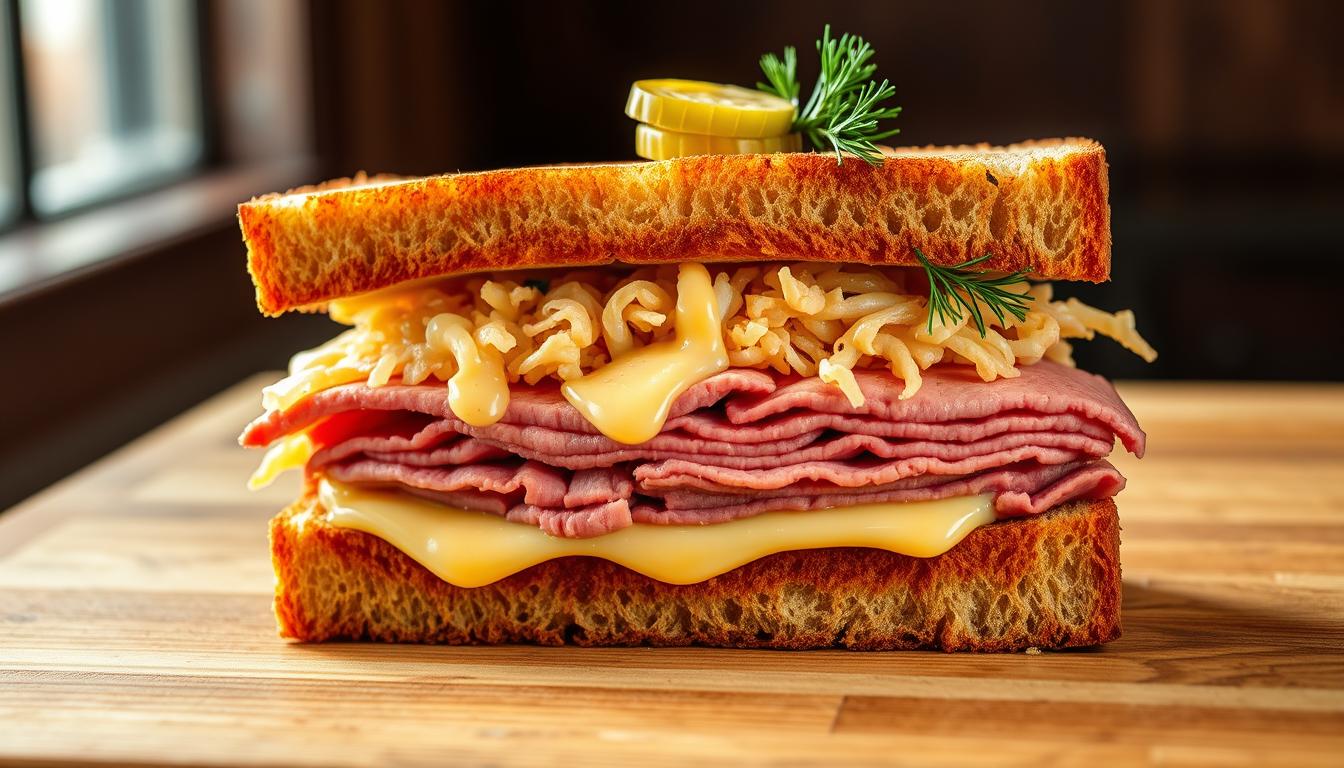 Reuben sandwich with layers of roast beef, melted cheese, and sauerkraut on toasted bread.