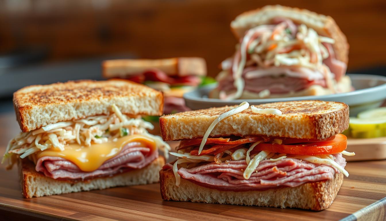 Reuben sandwich with roast beef, melted cheese, sauerkraut, and fresh tomatoes on toasted bread.