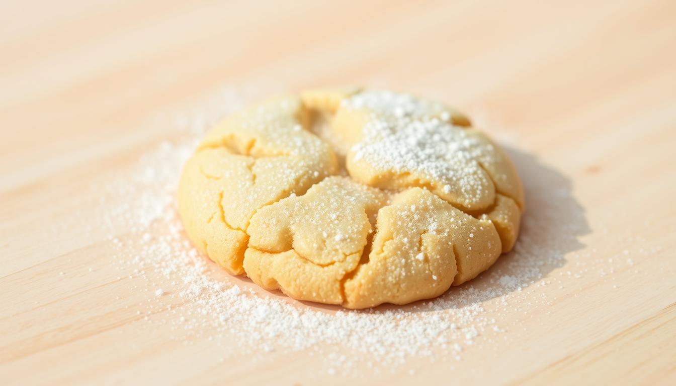 A freshly baked gluten-free sugar cookie with a cracked golden surface, lightly dusted with powdered sugar, sitting on a wooden surface with soft natural lighting.