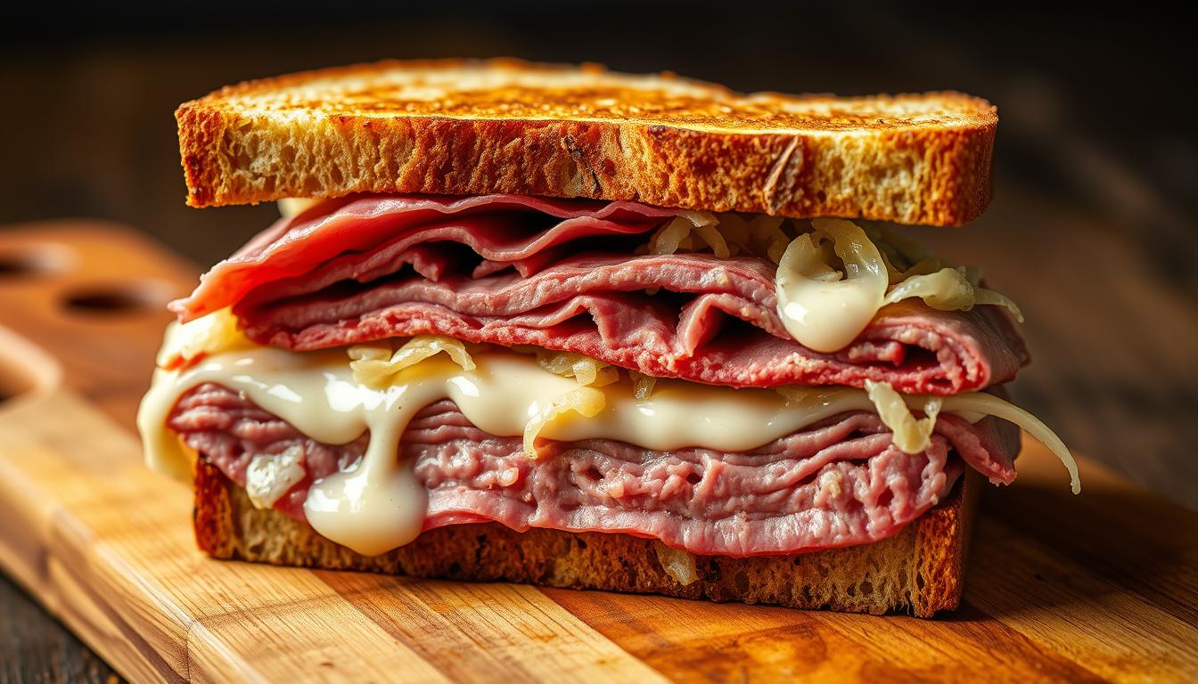 Reuben sandwich with roast beef, melted cheese, and onions on toasted bread.