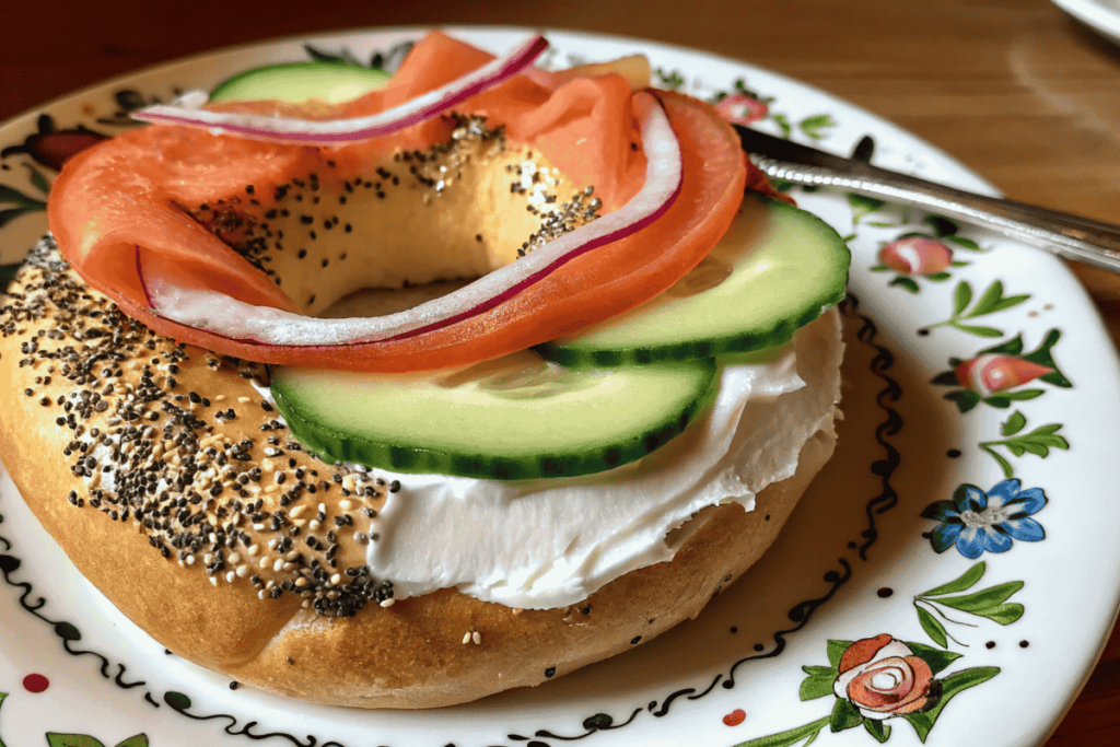 A poppy seed bagel topped with cream cheese, cucumber slices, smoked salmon, and red onion, served on a decorative plate.