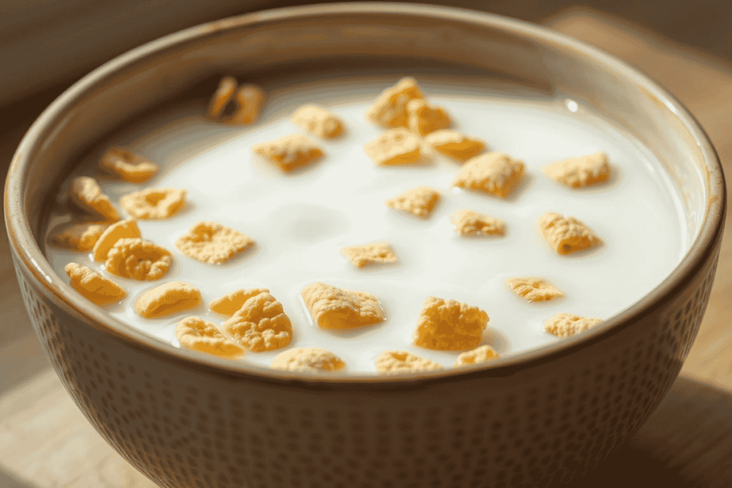 A bowl of crispy golden cereal pieces floating in fresh milk, served in a ceramic bowl on a wooden table.