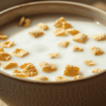 A bowl of crispy golden cereal pieces floating in fresh milk, served in a ceramic bowl on a wooden table.