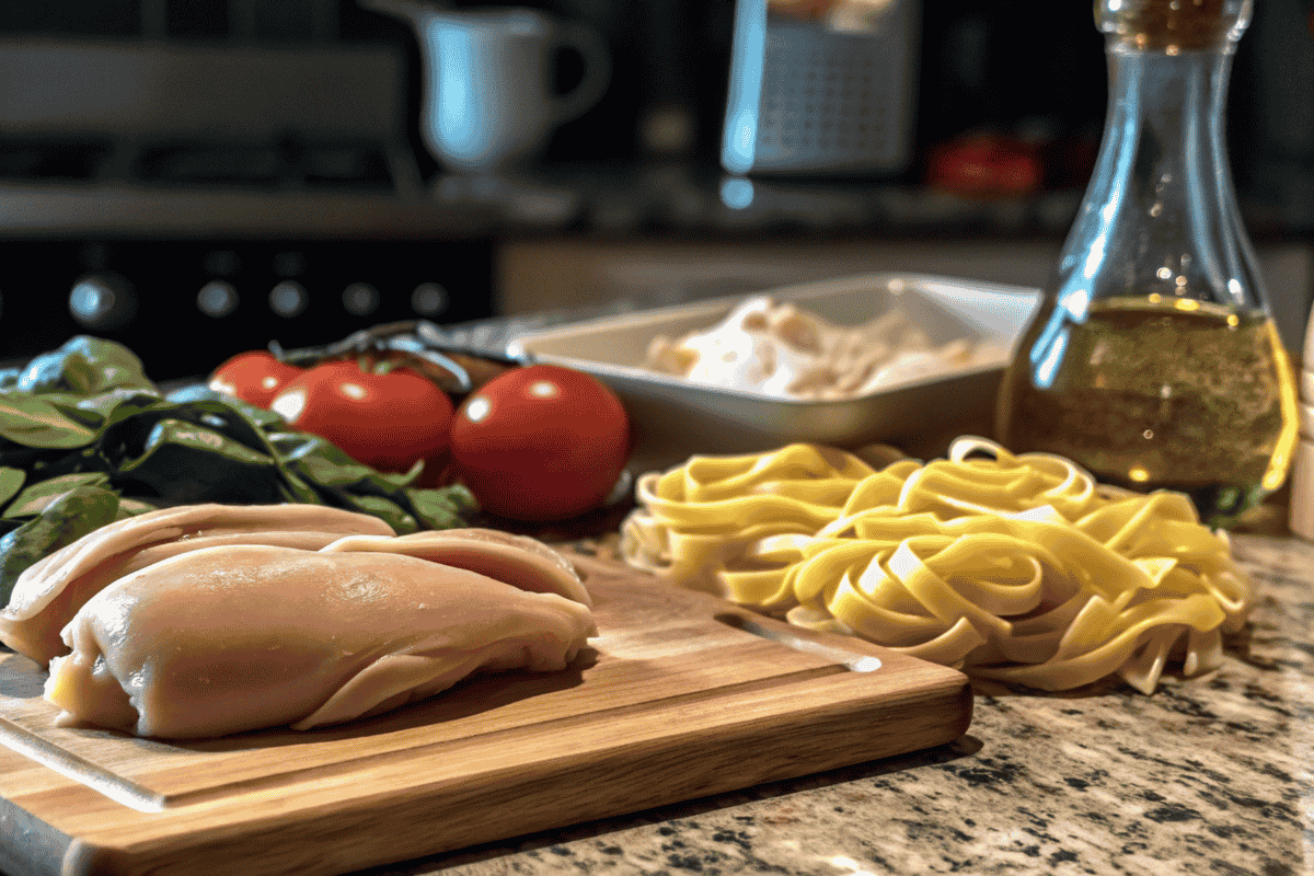 Fresh ingredients for creamy garlic chicken pasta displayed on a kitchen counter, including raw chicken breast on a wooden cutting board, fresh spinach, ripe tomatoes, uncooked fettuccine pasta, olive oil, and heavy cream in the background.