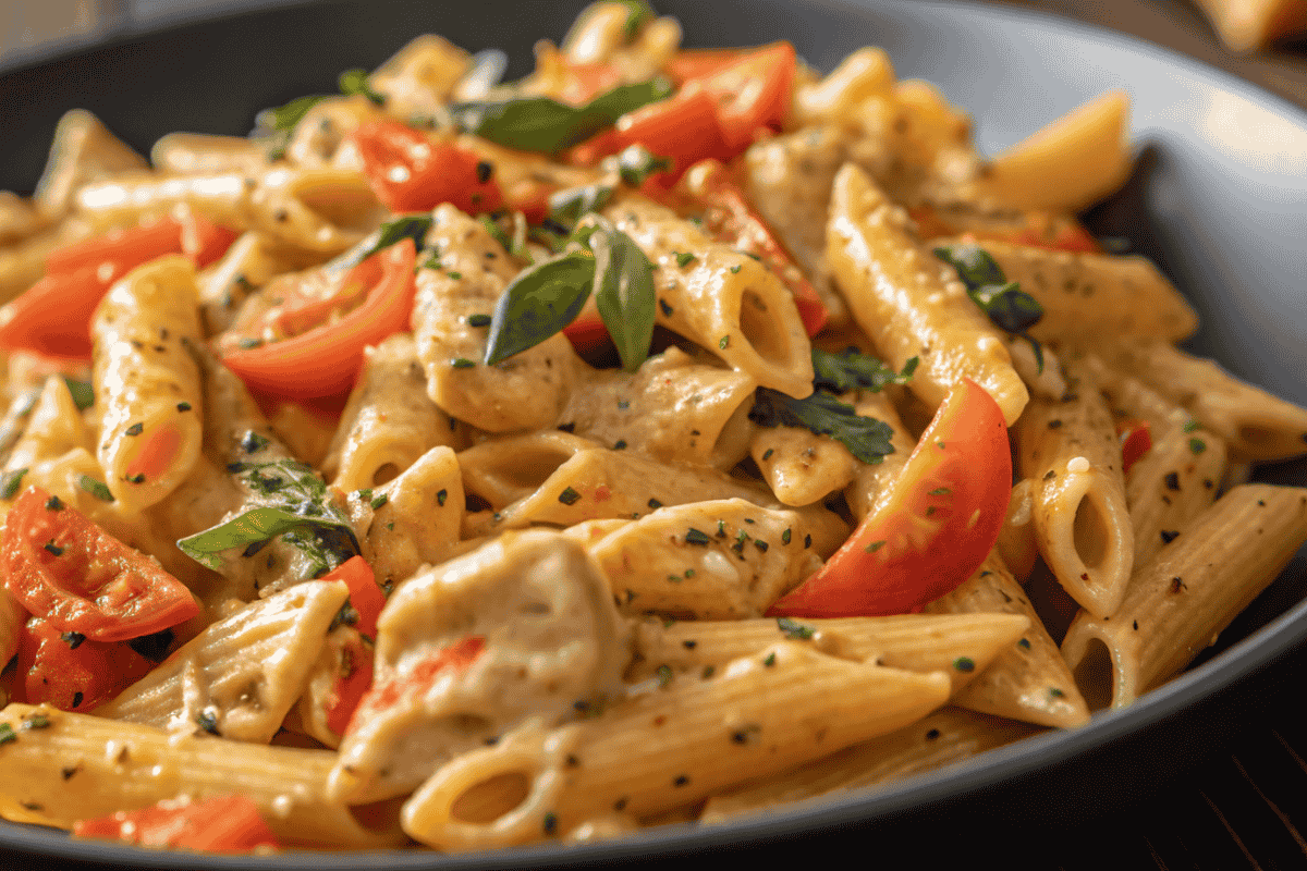 A close-up of creamy garlic chicken pasta with penne, tender chicken pieces, fresh basil, and cherry tomatoes, coated in a rich garlic parmesan sauce, served in a dark bowl.