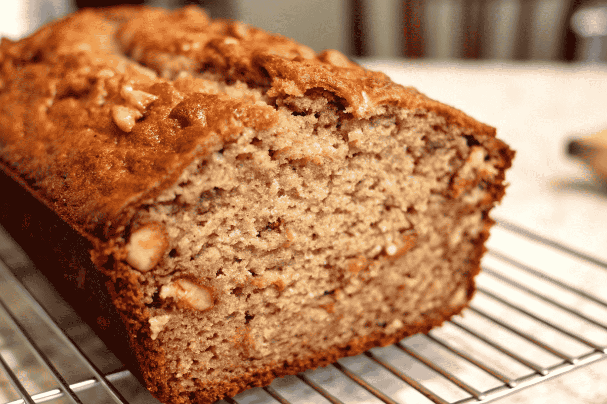 A freshly baked banana nut bread loaf with a golden crust and soft, nutty interior, cooling on a wire rack.