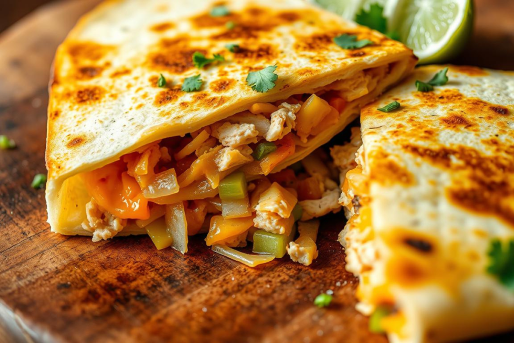 Chicken quesadilla filled with sautéed vegetables and cheese, garnished with cilantro.