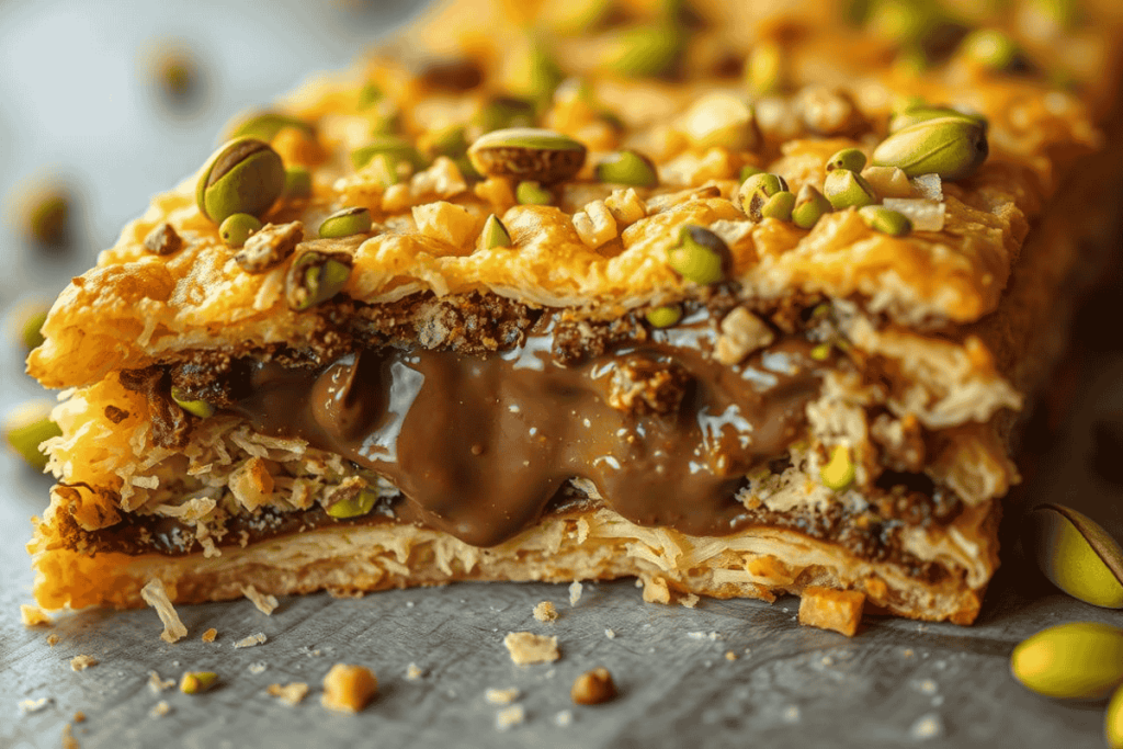 Knafeh dessert layered with chocolate and pistachios, revealing a gooey filling inside.