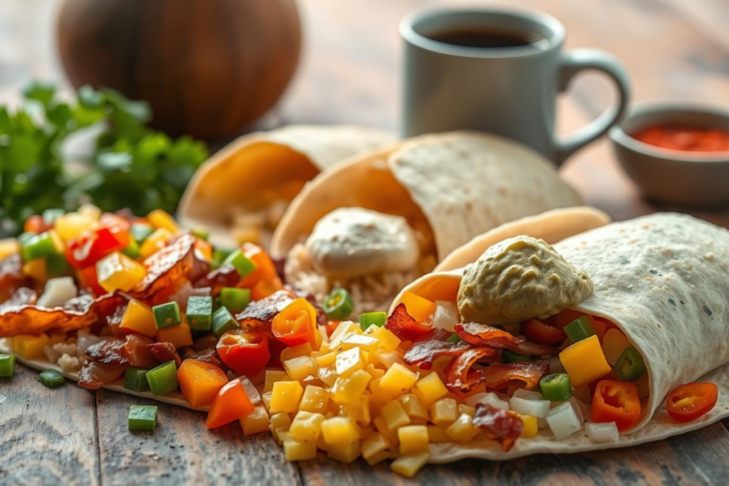 Breakfast burrito filled with bacon, diced tomatoes, onions, and mango, topped with guacamole.