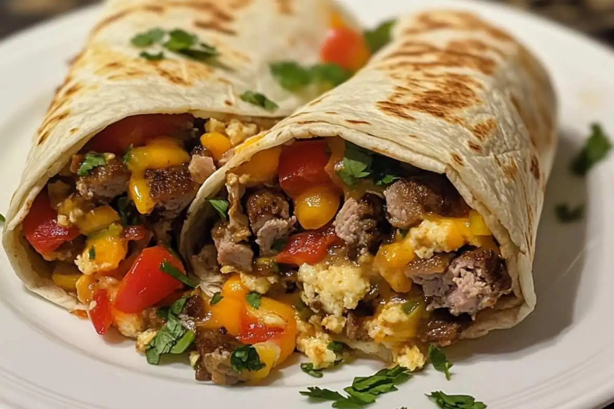 Breakfast burrito filled with scrambled eggs, beef, tomatoes, cheese, and fresh cilantro.