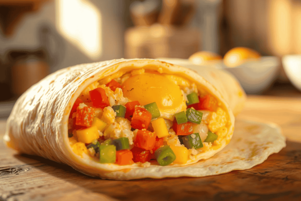 Egg burrito filled with scrambled eggs, colorful bell peppers, and green onions wrapped in a soft tortilla.