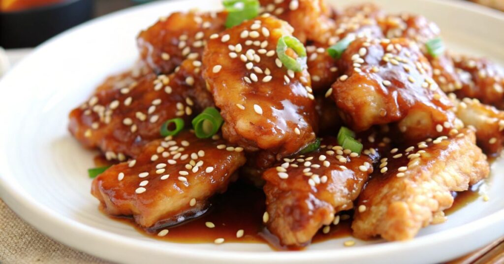 Close-up of crispy Honey Sesame Chicken coated in a sweet sauce, garnished with sesame seeds and green onions.