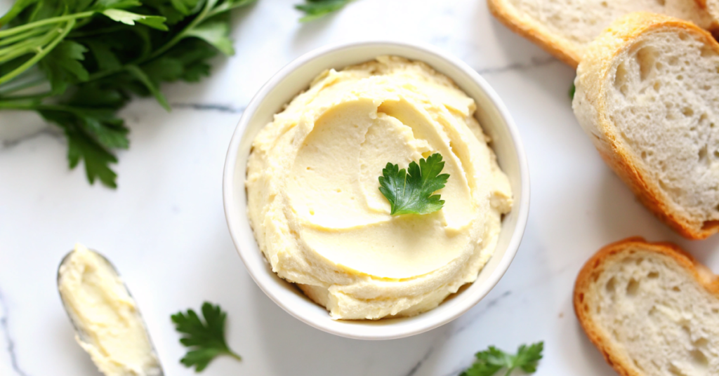 Caesar butter ingredients: Parmesan, garlic, anchovies, and fresh herbs for a creamy, savory spread.