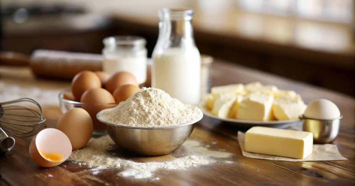 A rustic kitchen setup featuring fresh baking ingredients, including a bowl of flour, eggs, butter, and milk, arranged on a wooden countertop with soft natural lighting.