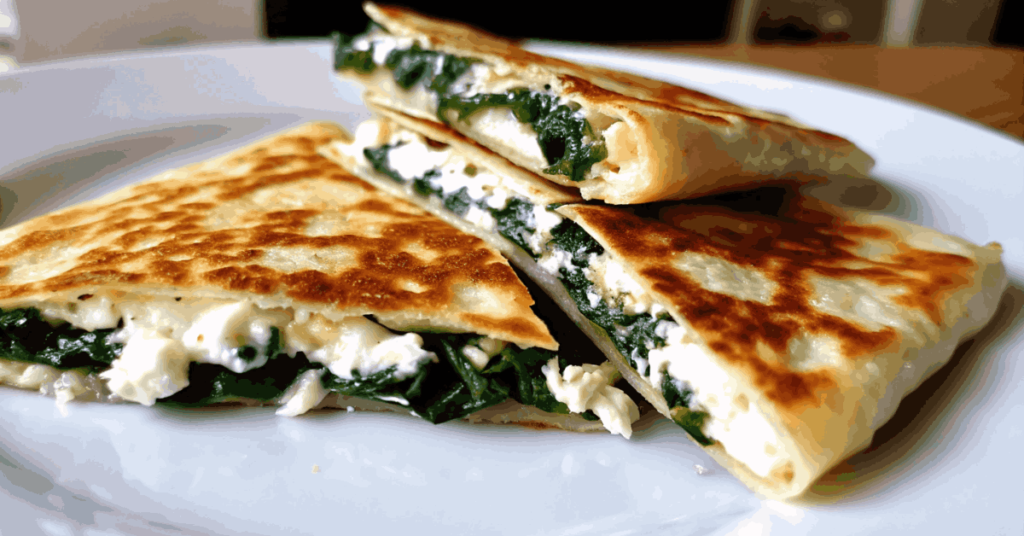 Golden-brown feta and spinach quesadilla slices on a wooden board, garnished with fresh herbs and served with a side of tzatziki sauce