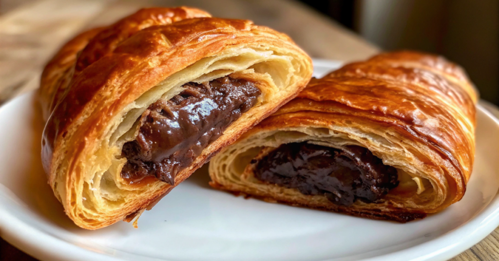 Close-up of a flaky Pain au Chocolat with melted chocolate filling inside