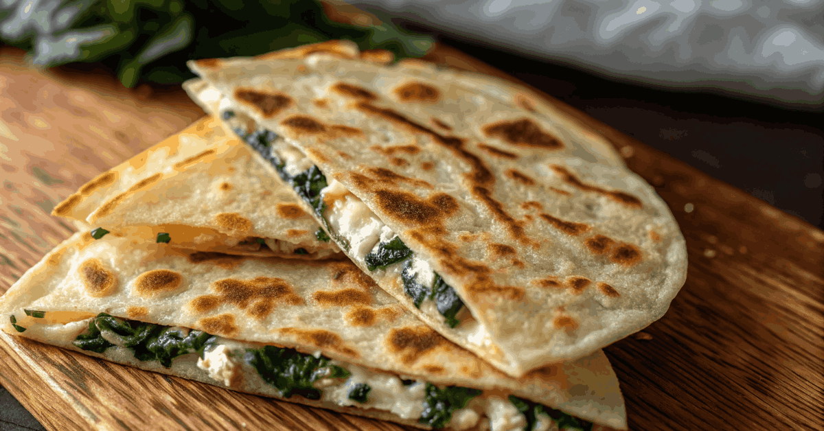 A crispy, golden spinach and feta quesadilla cut into triangles, showing the cheesy, flavorful filling.