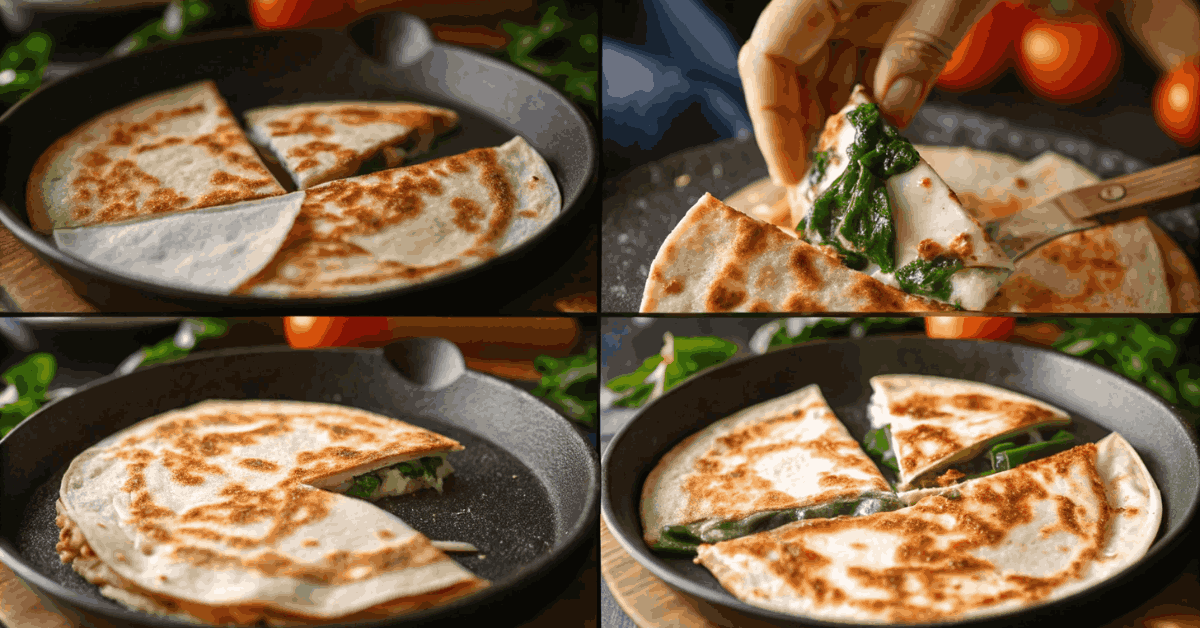 Step-by-step process of making feta and spinach quesadillas, from assembling the ingredients to achieving a crispy golden crust.