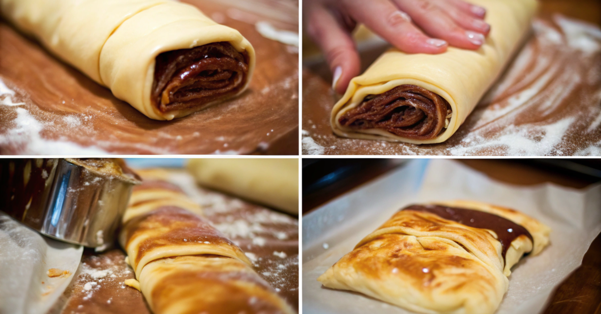 Step-by-step process of making Pain au Chocolat from dough to chocolate filling