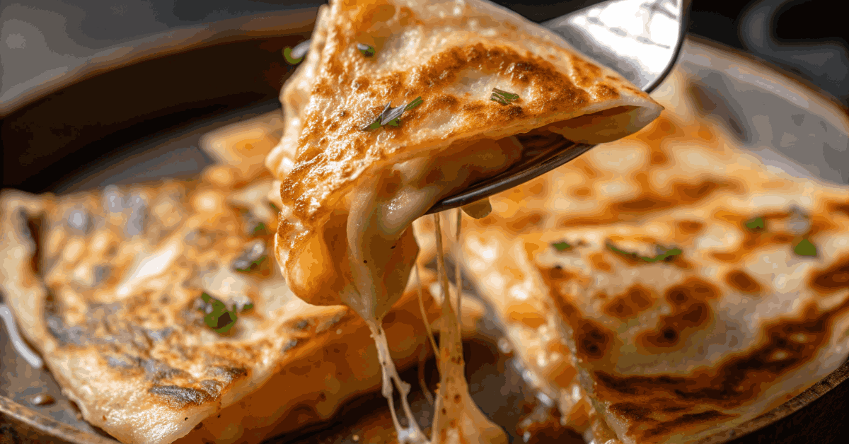 A crispy, golden-brown feta and spinach quesadilla being lifted with a spatula, showing its perfectly toasted texture.