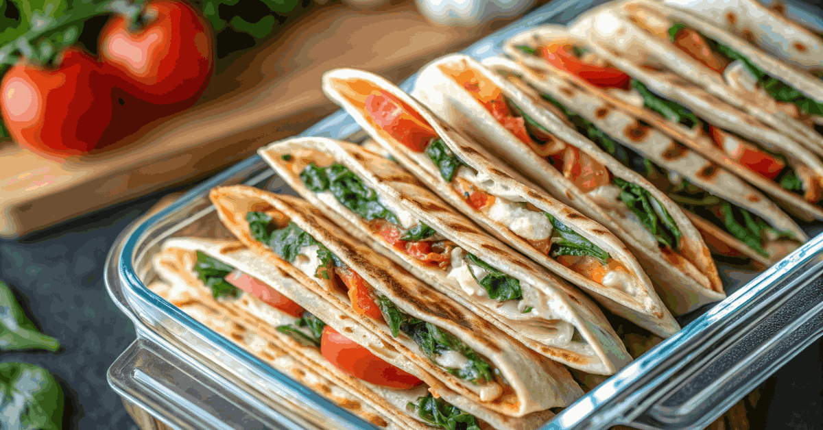 Properly stored feta and spinach quesadilla in an airtight container with reheating instructions for oven, skillet, and air fryer.