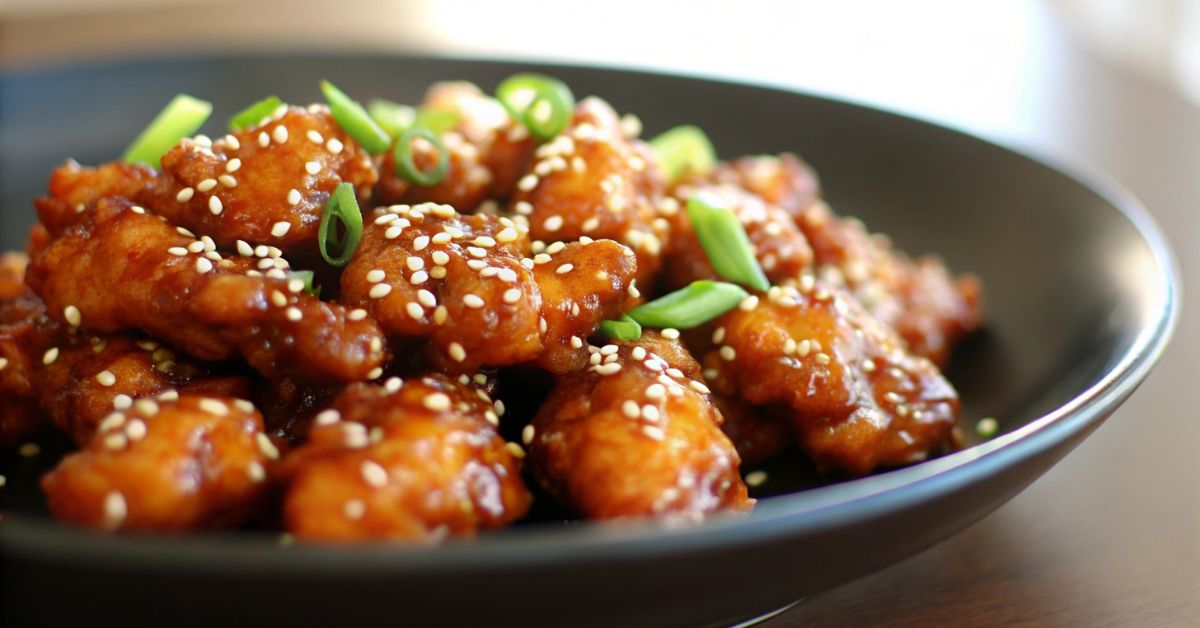 Plate of crispy Honey Sesame Chicken topped with sesame seeds and green onions