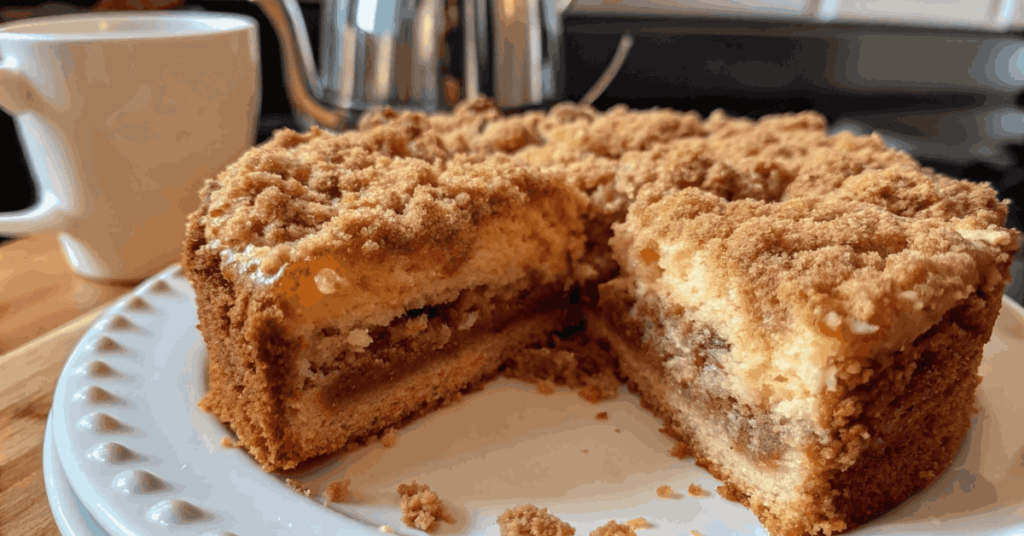 Freshly baked coffee cake with cinnamon streusel topping, sliced and served with a cup of coffee on a rustic wooden table.