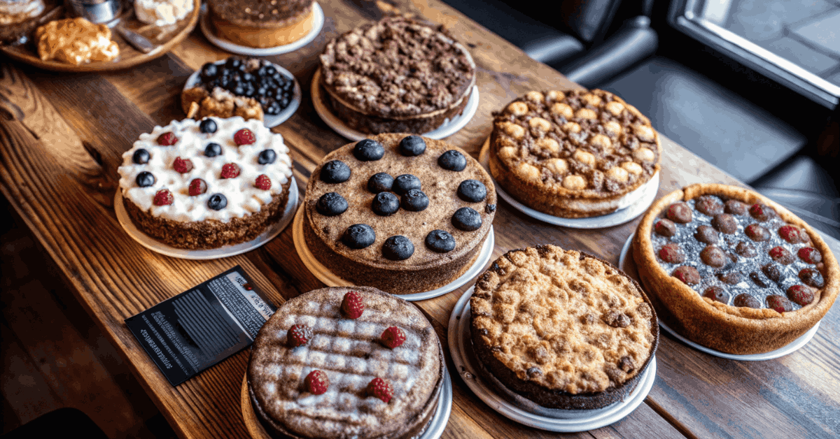 An assortment of coffee cake variations, including blueberry, chocolate chip, and cinnamon streusel.