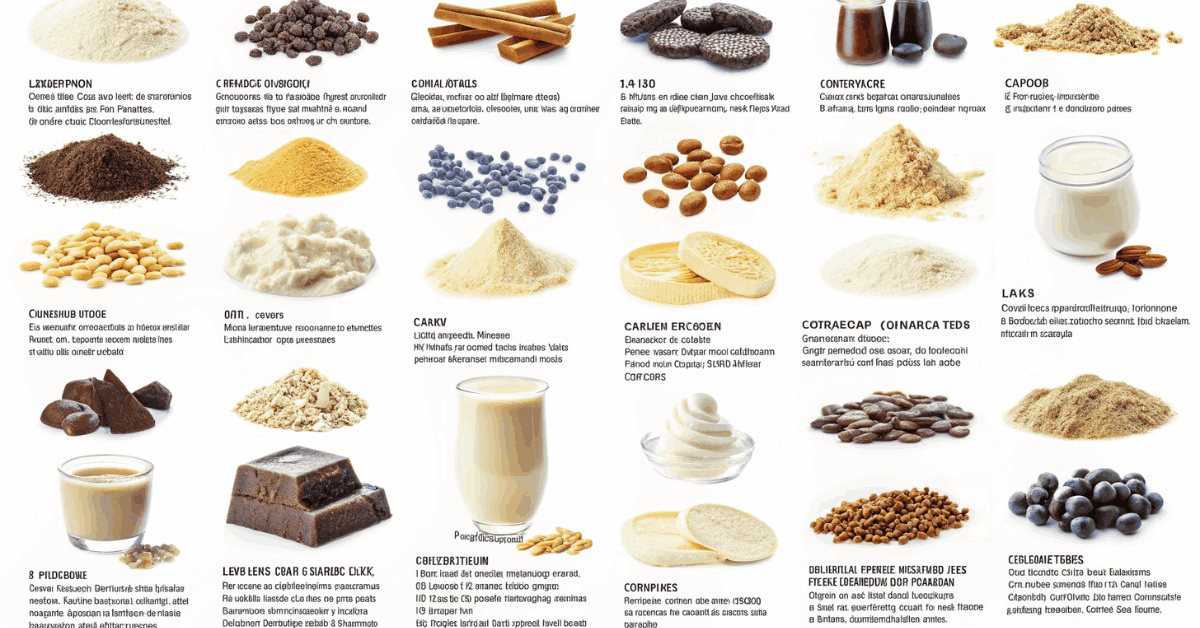 A collection of various baking ingredients, including flour, cocoa powder, cinnamon sticks, chocolate, nuts, and dairy products, displayed in an organized grid format with labels.