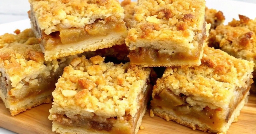 Close-up of apple oatmeal bars with a golden crumble topping, layered with a cinnamon-spiced apple filling, served on a wooden board.