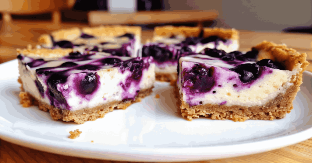 A close-up of homemade Blueberry Swirl Cheesecake Bars with a golden graham cracker crust, creamy cheesecake filling, and a vibrant blueberry swirl, served on a white plate with fresh blueberries.